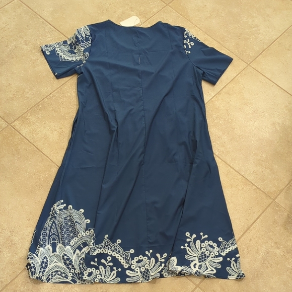 Blue Dress with Printed White Lace Accents - Picture 3 of 3